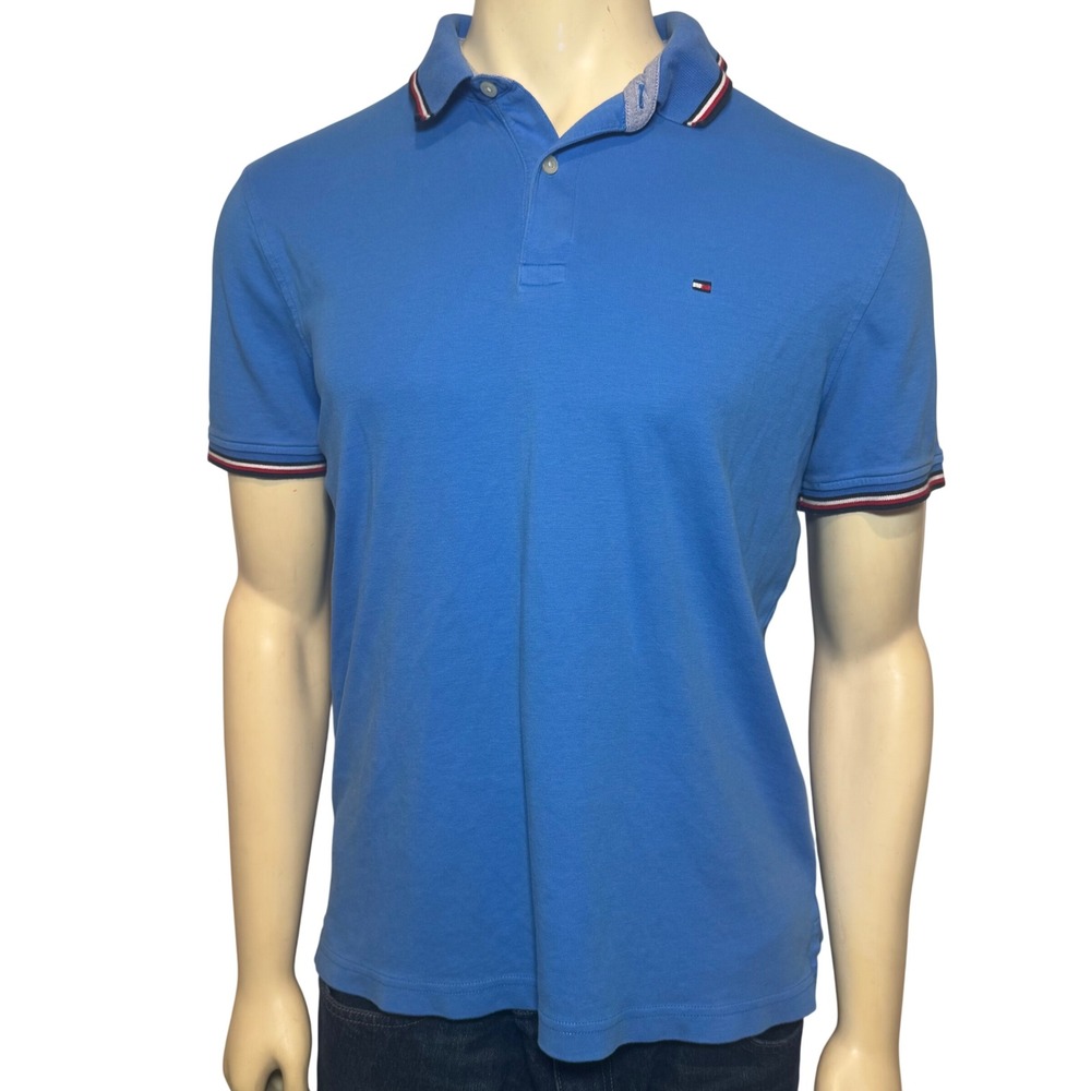 Tommy Hilfiger Mens Blue Short Sleeve Polo Shirt Cotton Tipped Collar Logo Large